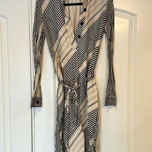 Ann Taylor Striped Black and Cream Wrap Dress
